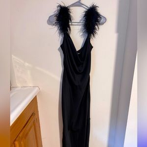 House of CB Tabitha Feather Trim Matte Satin Sheath Gown